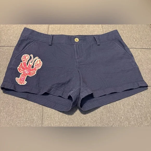 Lilly Pulitzer The Callahan Shorts Blue Beaded Embroidered Lobster Patch size 14 - Picture 3 of 12